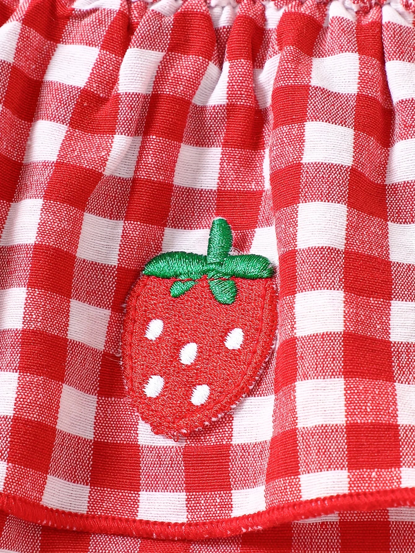 Baby Girl Strawberry Gingham Smocked Romper Dress – Tie-Strap Summer One-Piece with Stretchy Bodice & Layered Skirt
