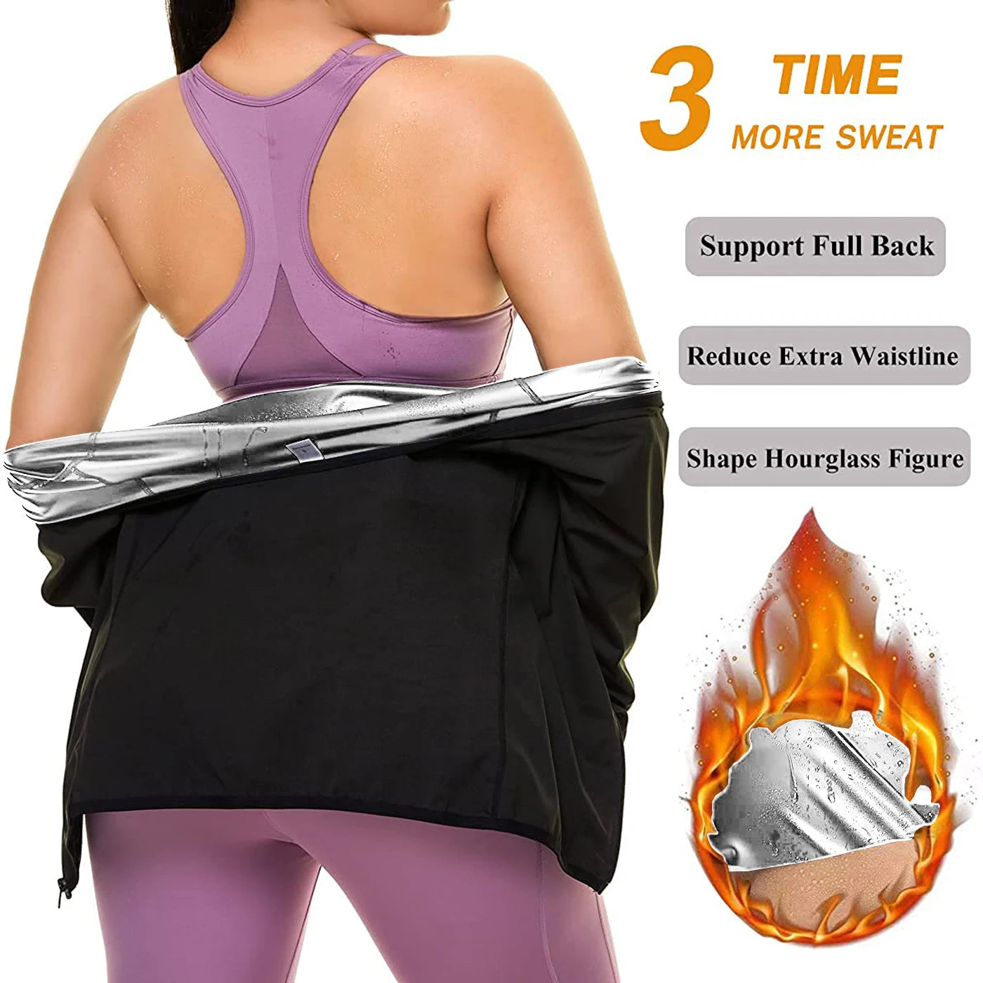 LISA SWEAT Sauna Suit for Women: Hot Body Shaper Long Sleeve Zipper Shirt - Sweat Waist Trainer Workout Top in Silver