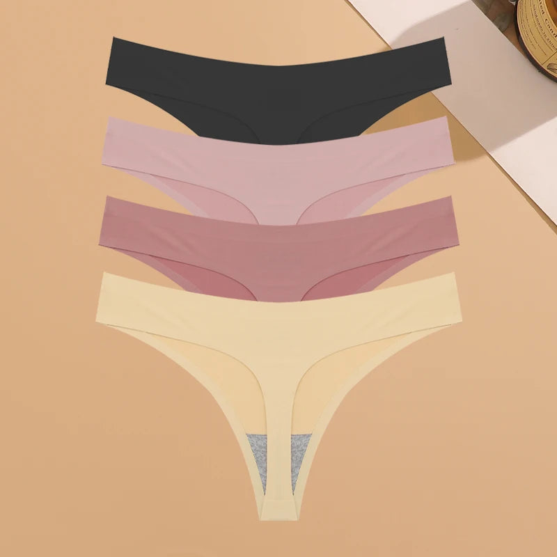 4PCS Women’s Ultra-Thin Seamless Underwear — Invisible Ice Silk Thongs, Low Waist Breathable Bikini Lingerie