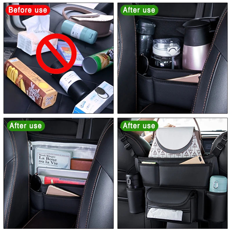Car Seat Middle Hanger Leather Storage Bag – Multifunction Hanging Organizer with Handbag Holder, Water Cup & Tissue Pockets