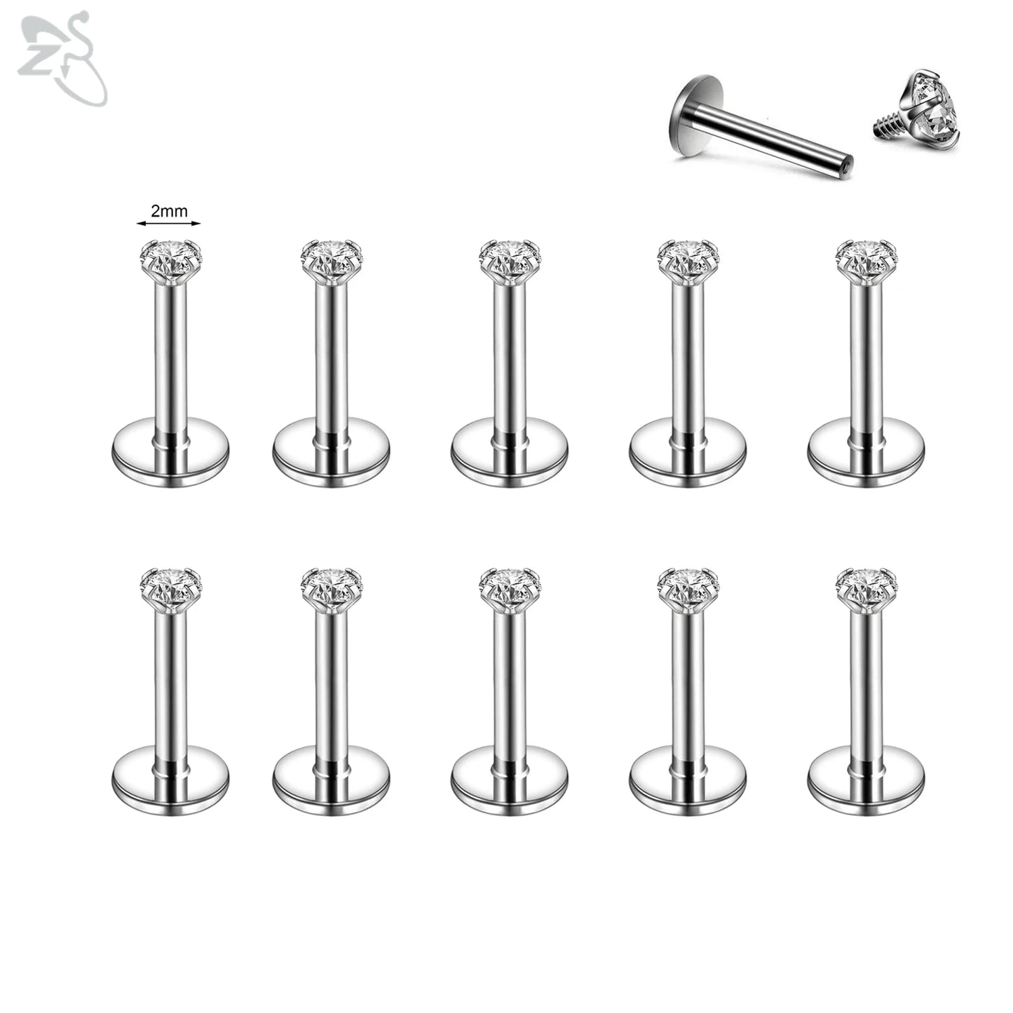AOEDEJ 10PCS Gold Stainless Steel Labret Lip Studs – 16/18G CZ Crystal Helix, Cartilage & Tragus Piercings (2–6mm)