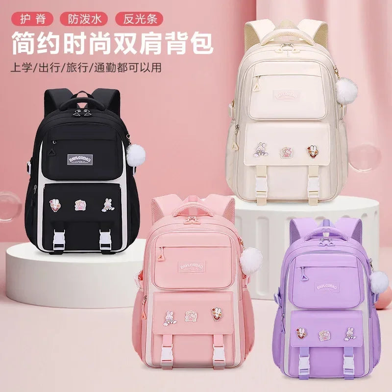 Pink Large Capacity Backpack – Spine Protection for Middle & High School Girls, Children’s School Bag with Hanging Accessories