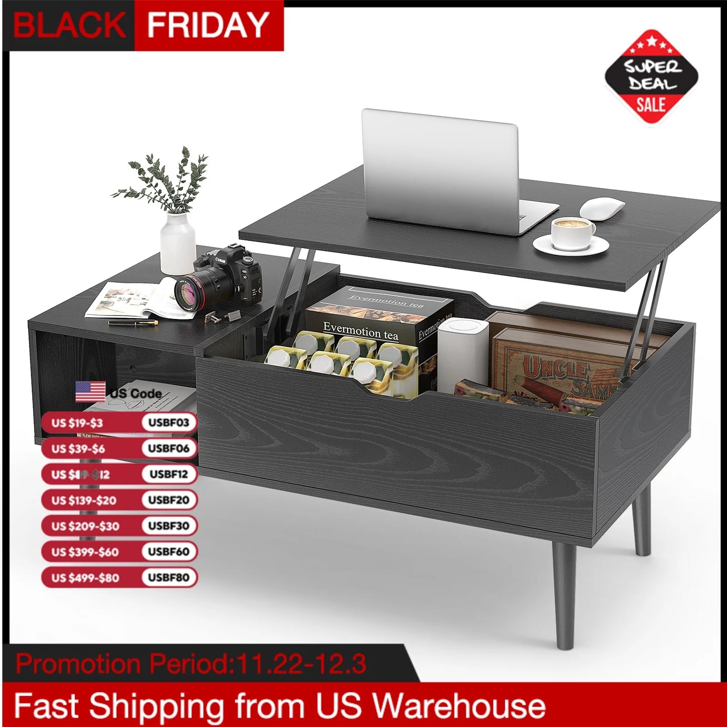 Lift Top Coffee Table for Living Room - 39.37"x19.7" Adjustable Desk with Storage Shelf - Easy Lift or Lower Tea Wood Dining Table