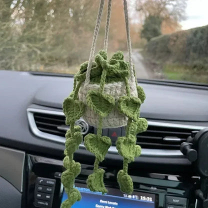 Cute Crochet Potted Plants Car Basket – Hanging Car Decor & Rear View Mirror Ornament Accessories
