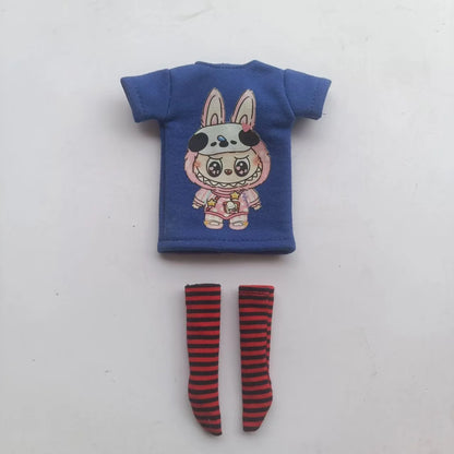 Handmade OB24 1/6 Blyth Doll Clothes – Cartoon T-Shirt with Striped Socks for 1/6 Doll Accessories