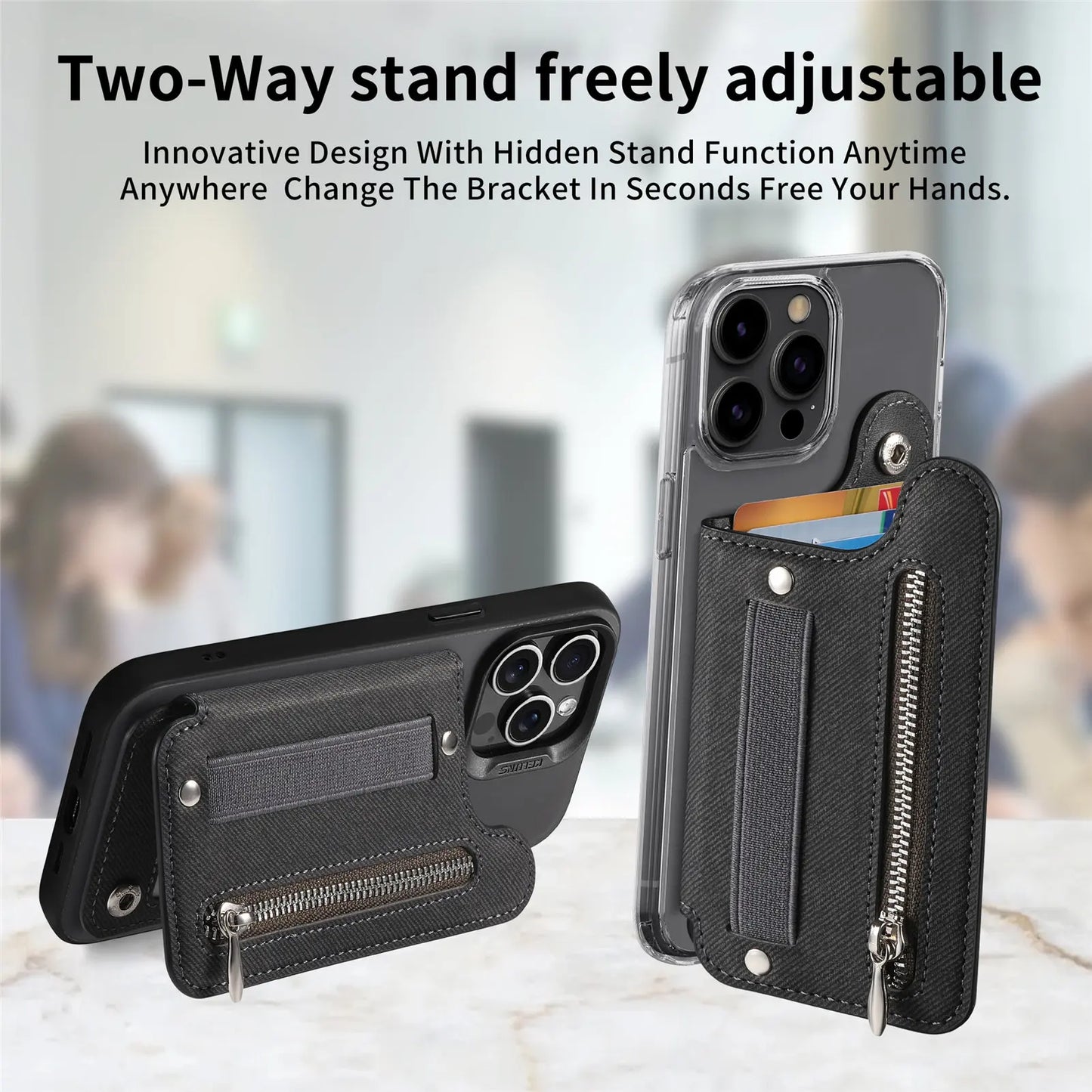 Flip Card Phone Case - Zipper Wallet Card Holder with Wrist Strap and Desktop Stand Support