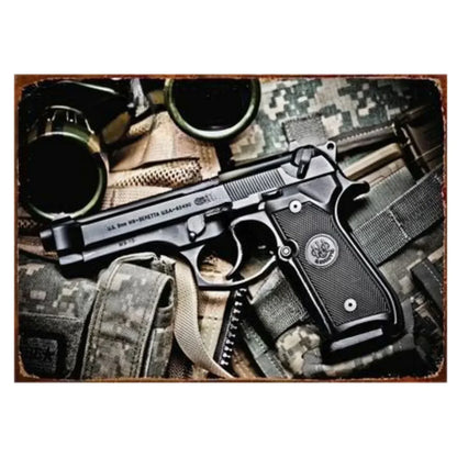 Pistol Metal Wall Sign - Military Style Decoration for Man Cave Home Cafe Bar Garden