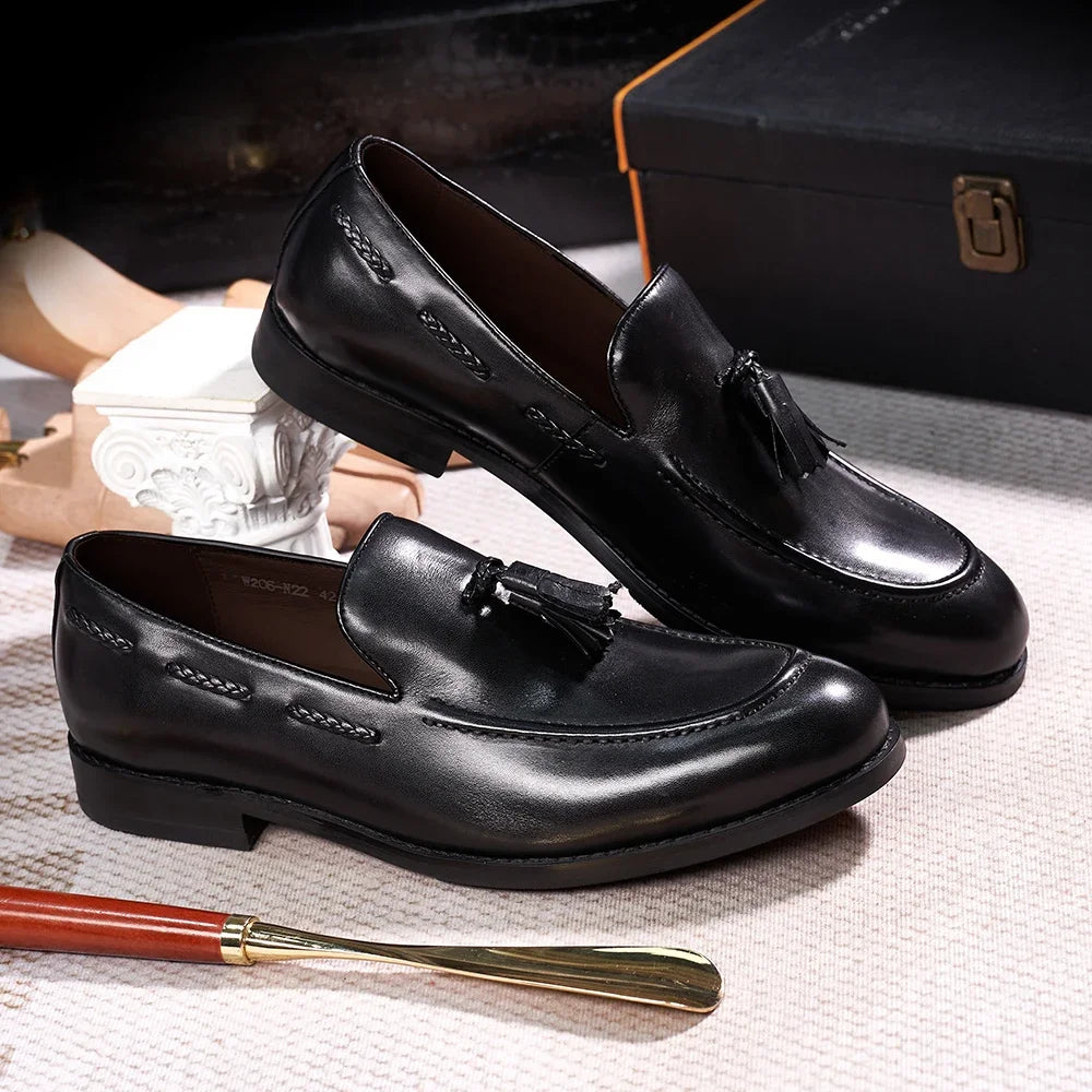 Men’s Genuine Leather Tassel Loafers - Handmade Slip-On Casual Dress Shoes for Office Wedding and Daily Wear