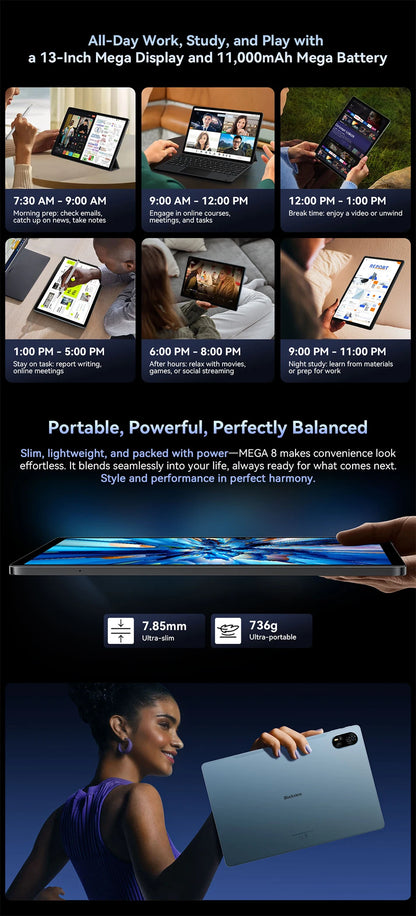 Blackview MEGA 8 Tablet – 13" FHD+ 90Hz Display, 11000mAh, Android 15, 50MP Camera, 4 Speakers, 4G Pad PC