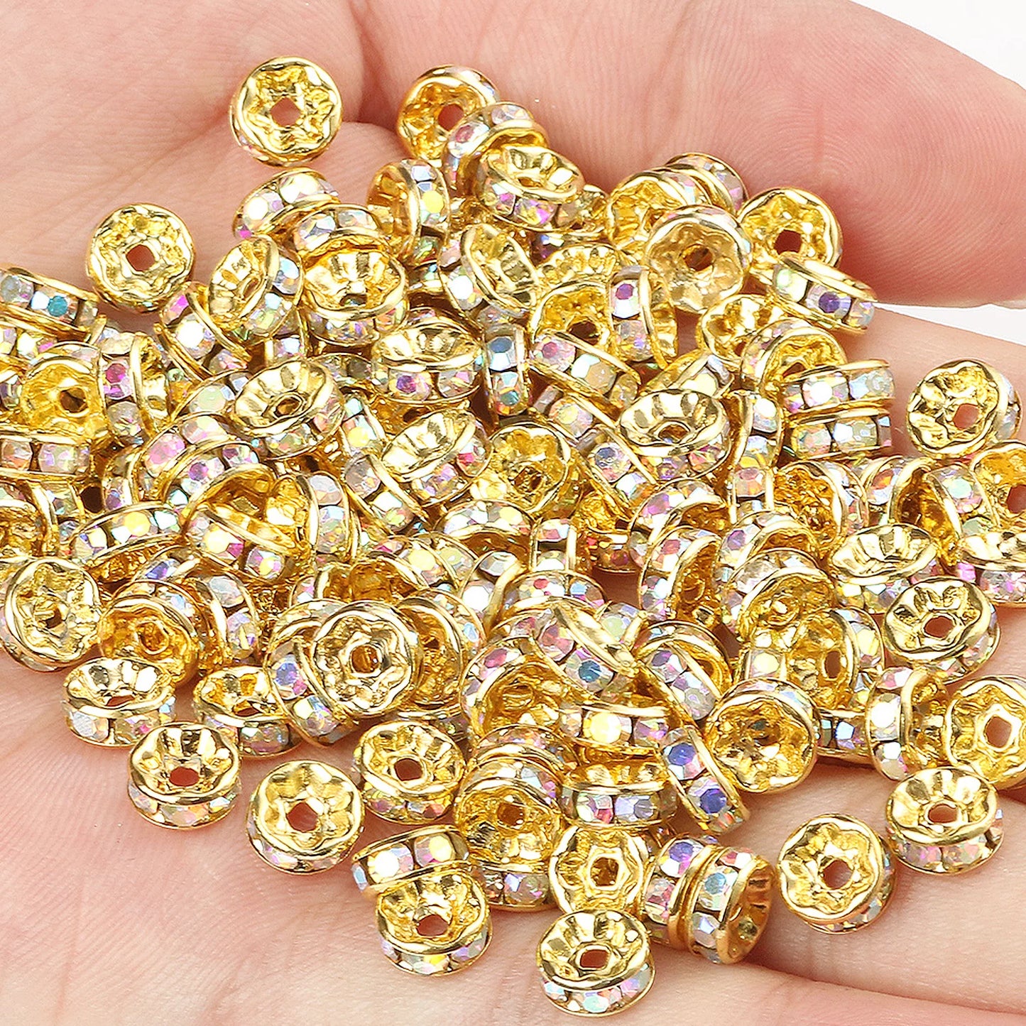 50PCS Rhinestone Spacer Beads Set – Multi-Color Crystal Rondelle Metal Beads for DIY Jewelry & Bracelet Making