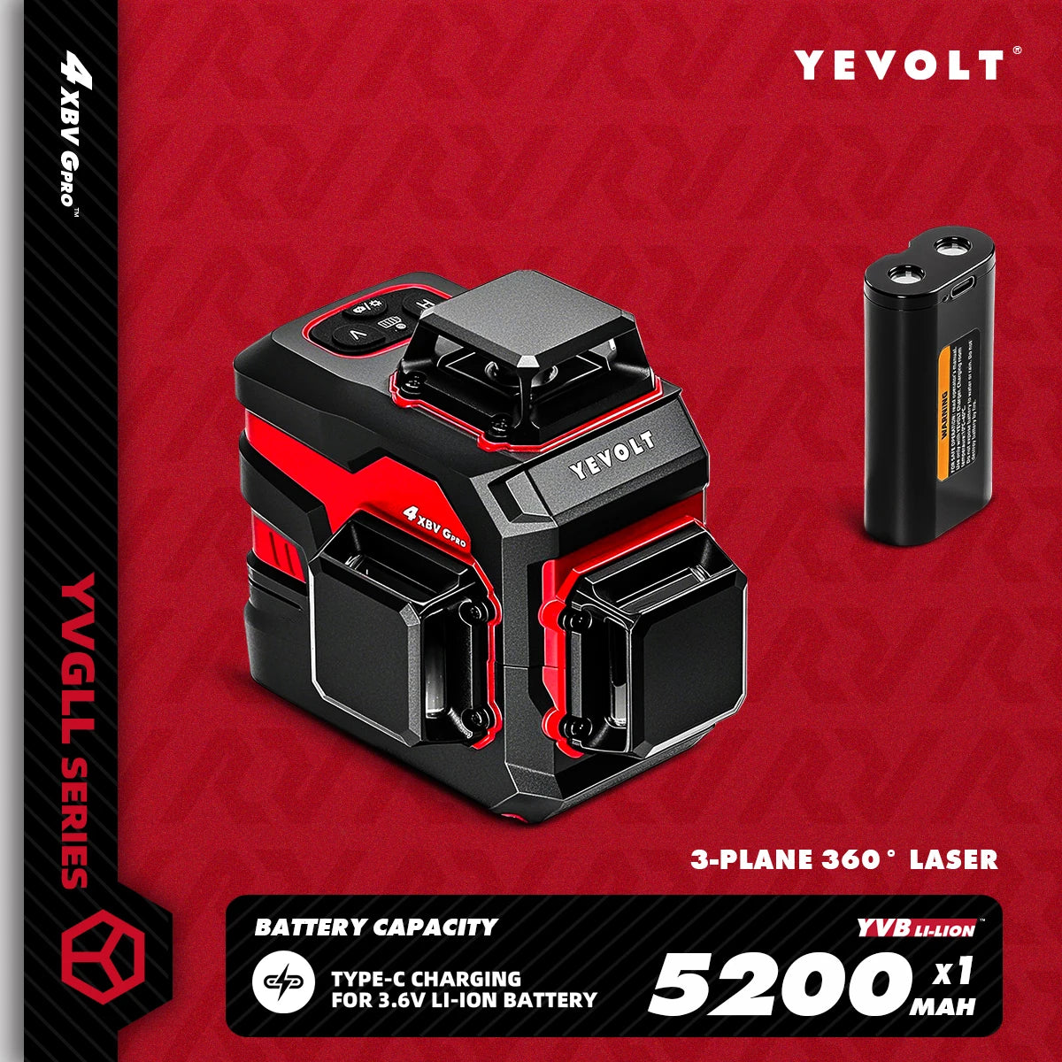 YEVOLT YVGLL4XS12 12-Line Green Laser Level – ±0.2mm/m Precision, IP54 Waterproof, Auto-Leveling with Slope Mode