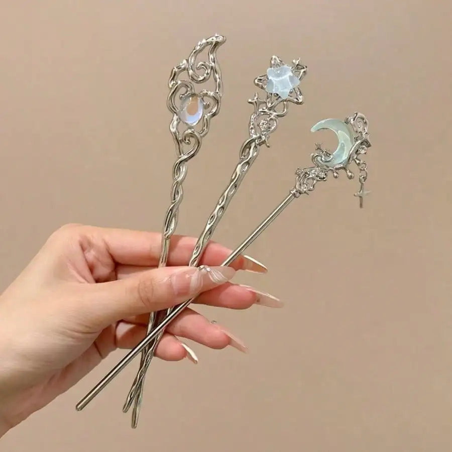 3-Piece Moonstone Star Hairpin Set - Elegant Alloy Hair Sticks & Decorative Accessories for Women