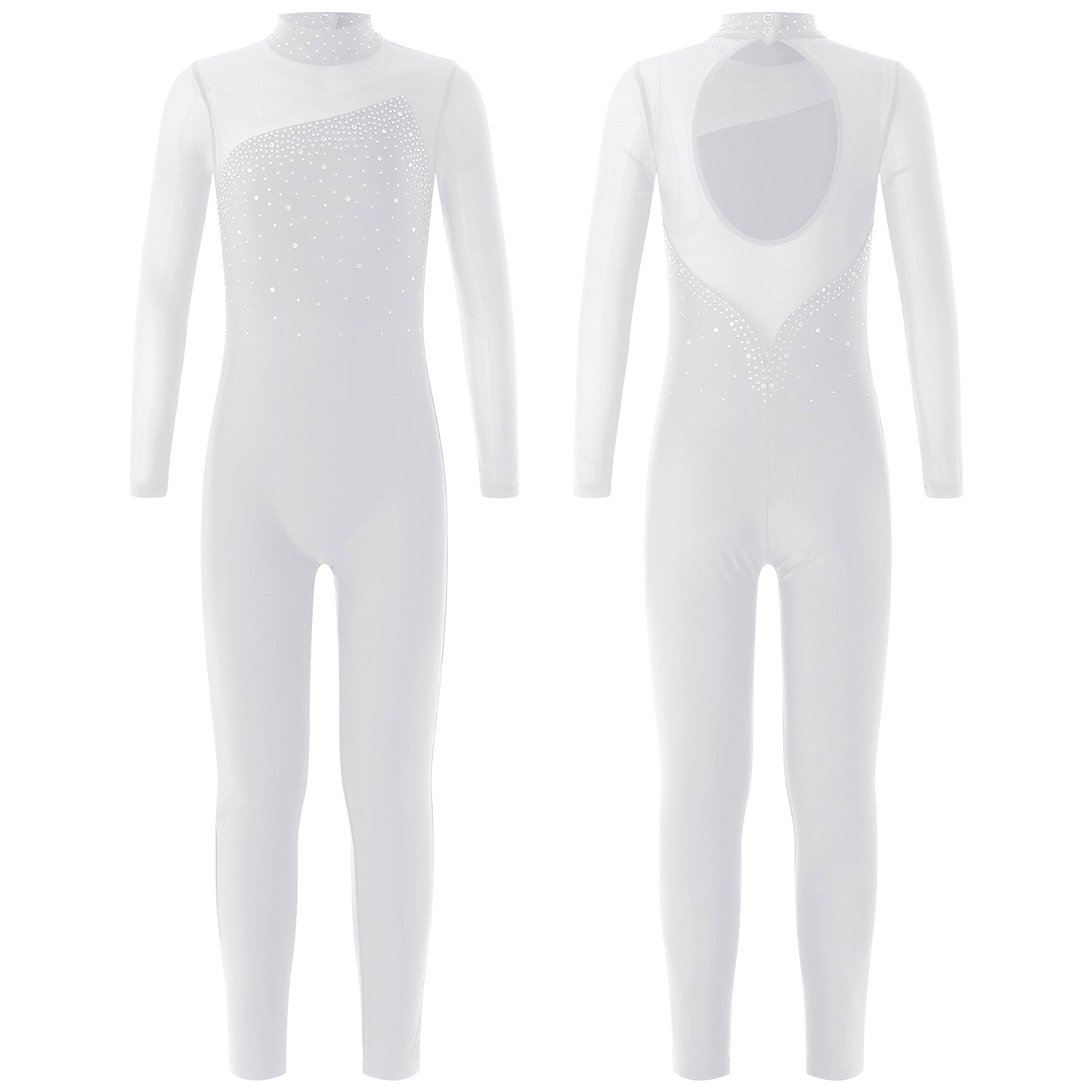 Kids Girls Long Sleeve Rhinestone Bodysuit — Full Body Dancewear Gymnastics Leotard Skating Jumpsuit