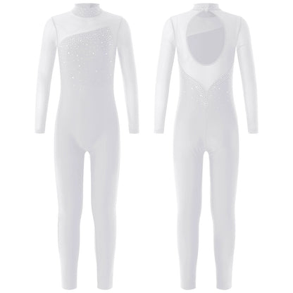 Kids Girls Long Sleeve Rhinestone Bodysuit — Full Body Dancewear Gymnastics Leotard Skating Jumpsuit