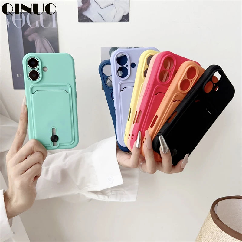 Luxury Silicone Card Holder Wallet Case for iPhone – Shockproof Camera Protection Cover for iPhone 16/15/14/13/12/11 Pro Max, XR, XS, X, 8 & 7 Plus