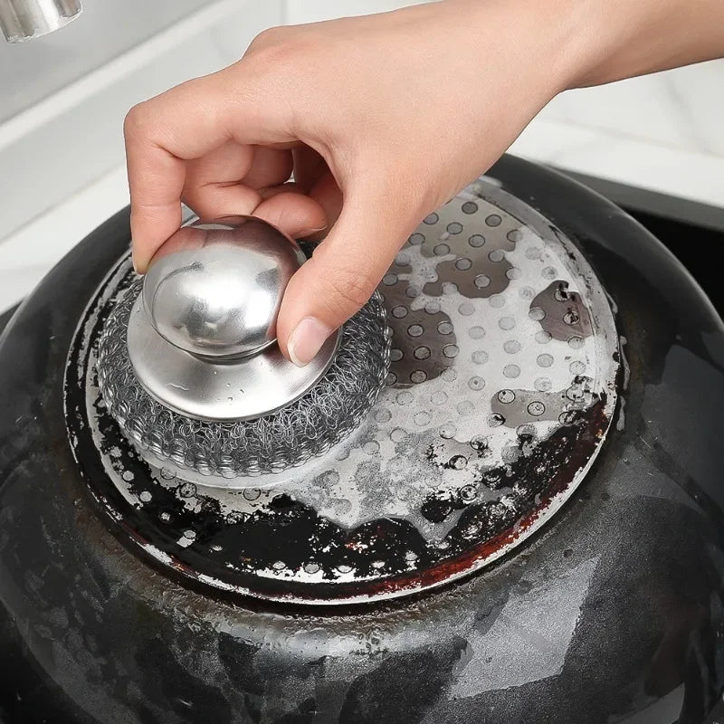 Stainless Steel Pot Brush with Handle – Heavy Duty Dishwashing Wire Ball for Pot & Pan Cleaning (5/1 Pcs)