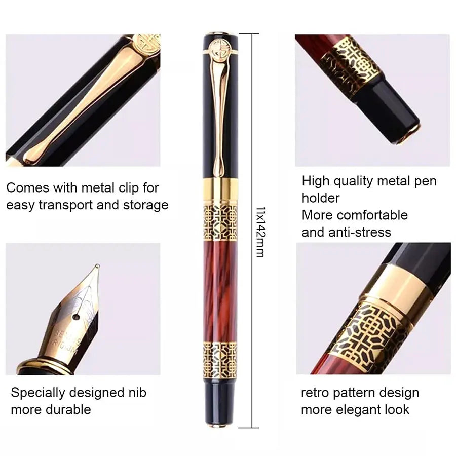 Retro Metal Fountain Pen — 1-100PCS Set with Replaceable Ink, Elegant Writing Pen for Office, School, and Stationery Gifts