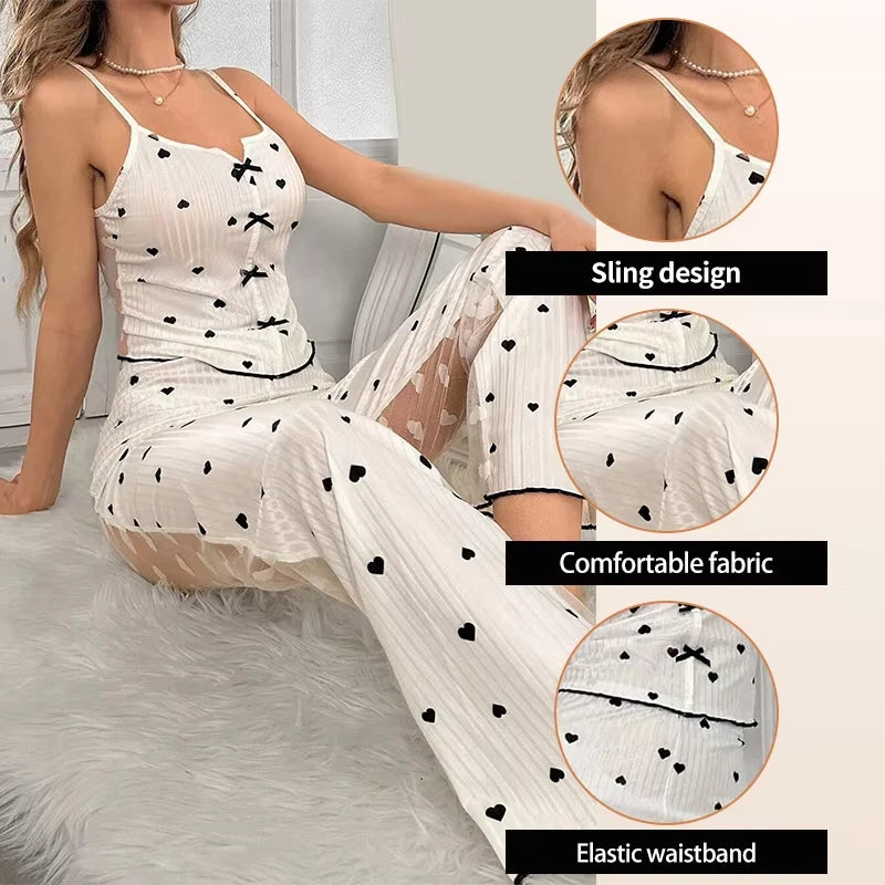 2-Piece Women’s Sexy Mesh Lace Pajama Set – Transparent Ribbed Strap Top & Pants Lounge Sleepwear