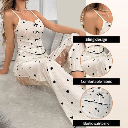 2-Piece Women’s Sexy Mesh Lace Pajama Set – Transparent Ribbed Strap Top & Pants Lounge Sleepwear