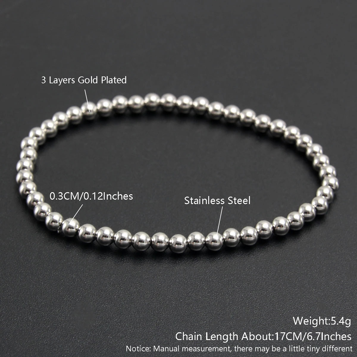 MHS.SUN Trendy Stainless Steel Stretch Bracelet — Gold & Silver Beaded 2mm/5mm/8mm for Men & Women
