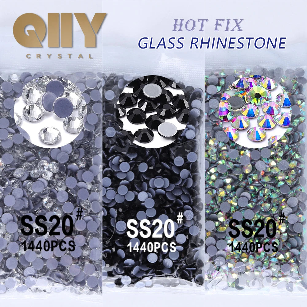 QIIY SS3–SS50 Crystal AB Black Glass Rhinestones – Hot-Fix Flatback Iron-On Stones for Wedding Dresses, Clothing, and Fabric Decoration