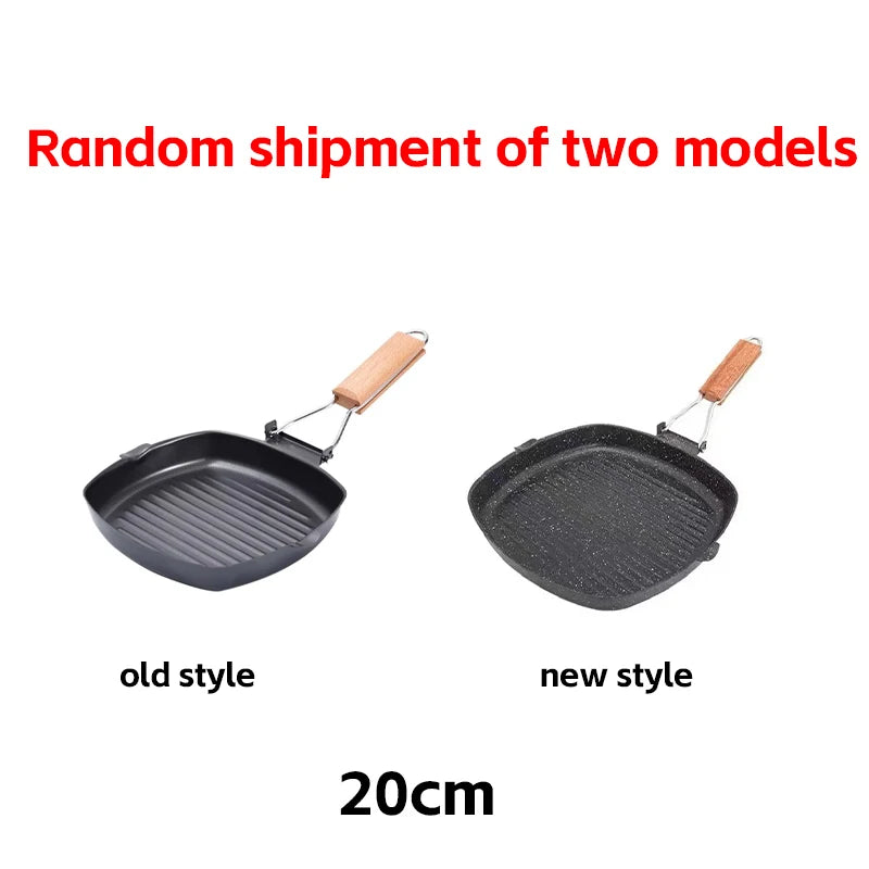 Foldable Portable Grill Pan – Double-Mouth Steak Pan with Anti-Scald Wooden Handle for Outdoor Cooking