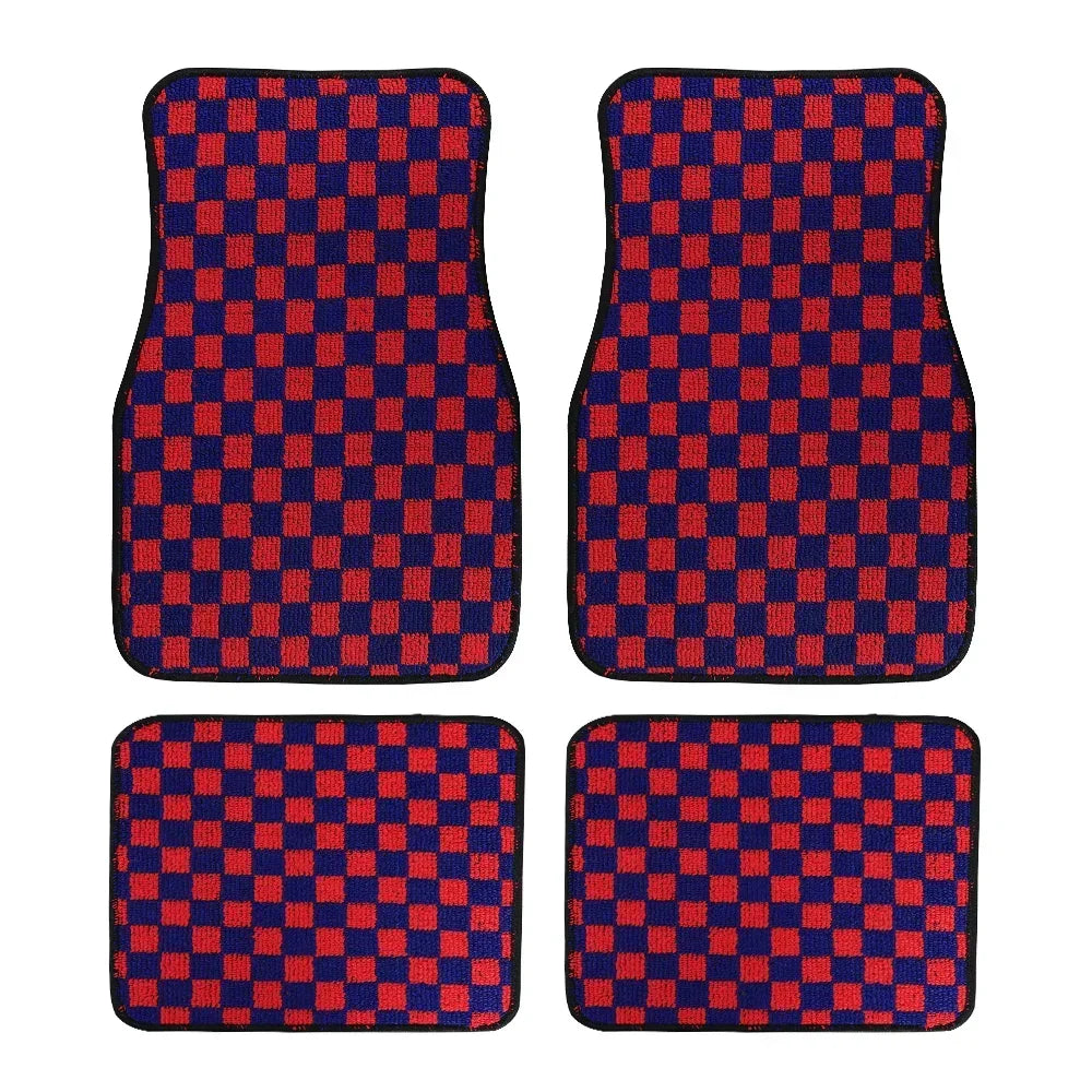 4PCS Universal Checkered Car Floor Mats - Anti-Slip Front & Rear Checkerboard Auto Carpet Foot Mats