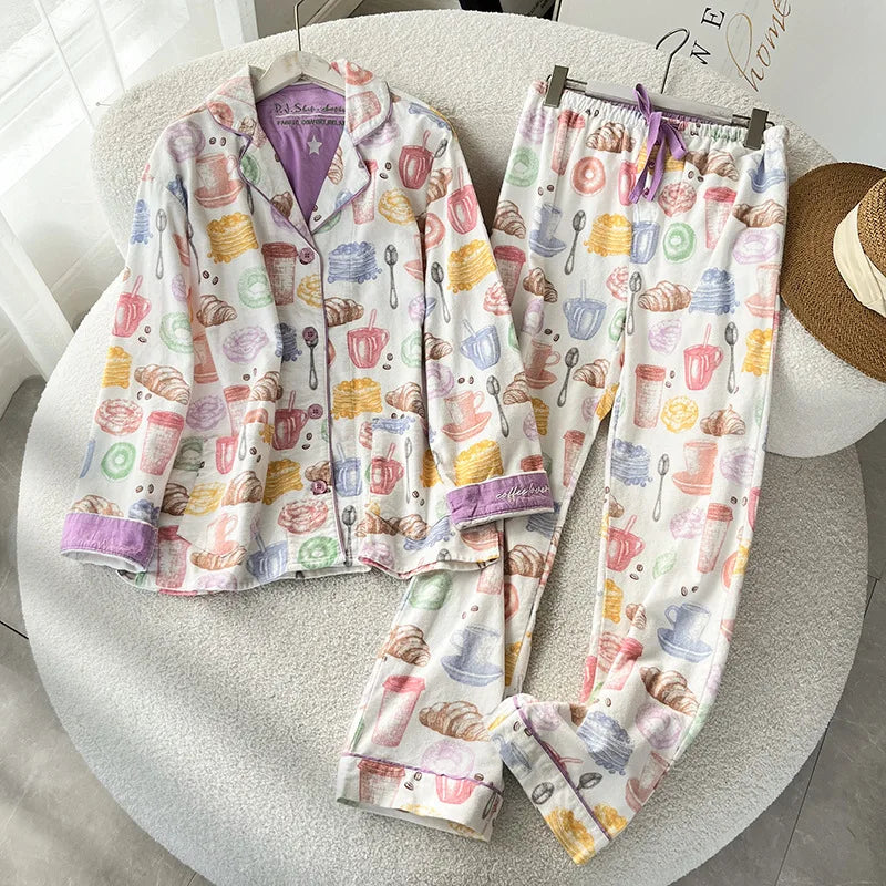 Women's Winter Cartoon Pajama Set - Warm Cotton Wool Sleepwear Long Sleeve Homewear