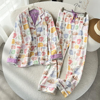 Women's Winter Cartoon Pajama Set - Warm Cotton Wool Sleepwear Long Sleeve Homewear