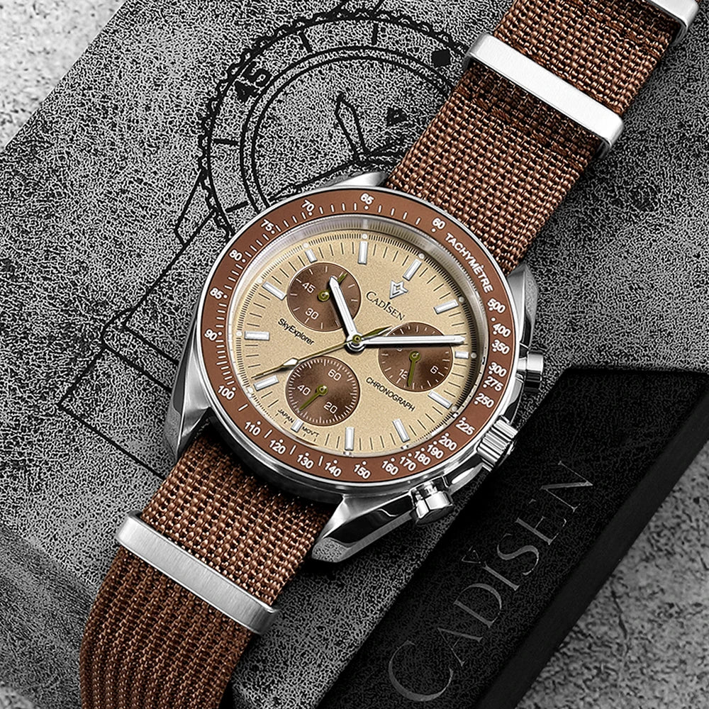 CADISEN Men's Luxury Watch – Quartz VK68 Chronograph, Sapphire AR Crystal, Canvas Strap Speed Style Wristwatch