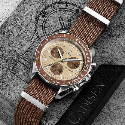 CADISEN Men's Luxury Watch – Quartz VK68 Chronograph, Sapphire AR Crystal, Canvas Strap Speed Style Wristwatch