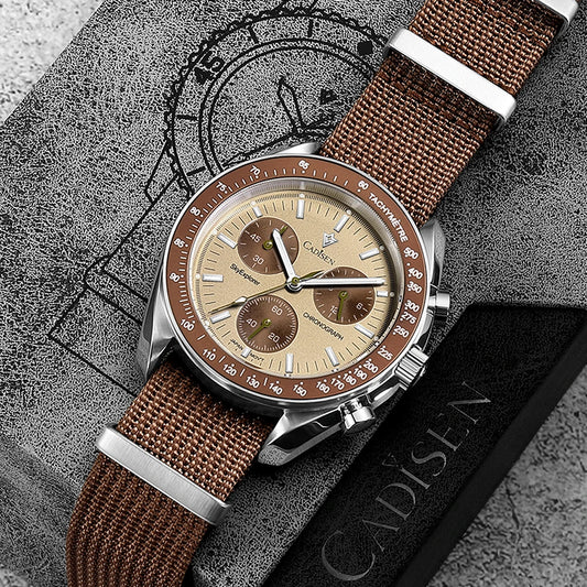 CADISEN Men's Luxury Watch – Quartz VK68 Chronograph, Sapphire AR Crystal, Canvas Strap Speed Style Wristwatch