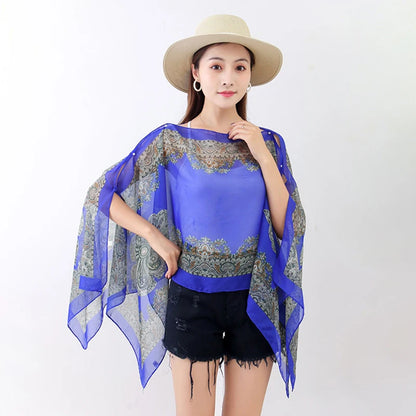 Women’s Summer Beach Shawl – Loose Chiffon Bikini Cover-Up Blouse with Buttons Sun Protection Scarf