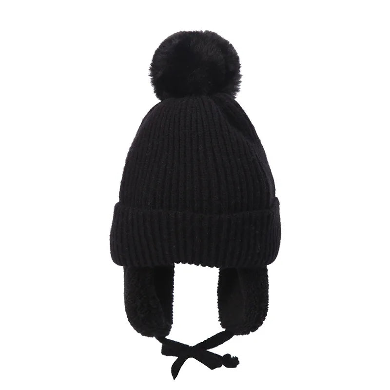 Winter Baby Beanie Hat with Pompom & Earflaps – Thick Wool Plush Knitted Cap for Girls & Boys, Ages 2-8T