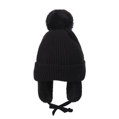 Winter Baby Beanie Hat with Pompom & Earflaps – Thick Wool Plush Knitted Cap for Girls & Boys, Ages 2-8T
