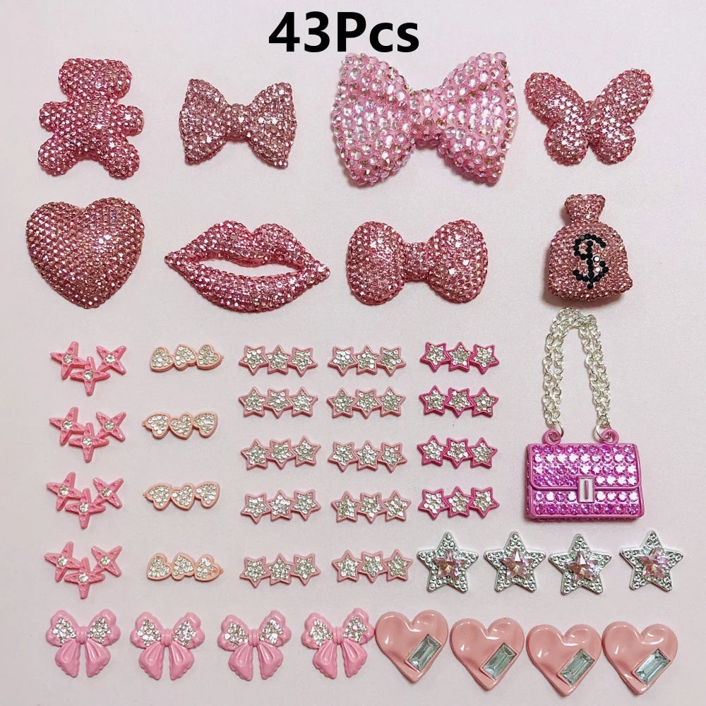 43PCS Luxury Charm Set — Diamond Bow, Perfume Bottle, Butterfly & Lip Decorations for Phone Case, Purse, and DIY Crafts