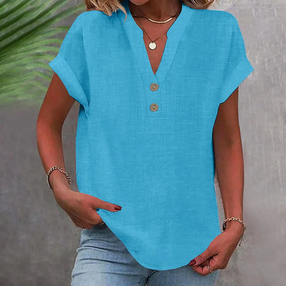 Women’s Cotton Linen Button-Down V-Neck Shirt – Breathable Solid Color Summer Office Casual Top 2025