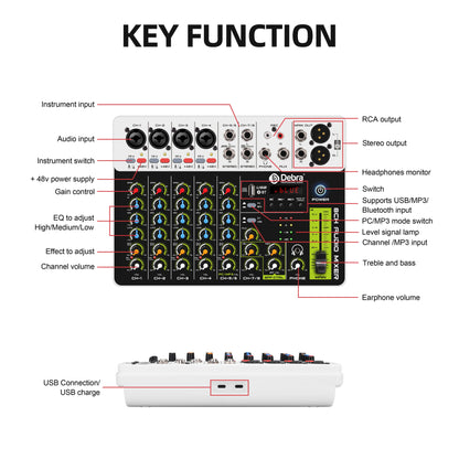 Debra V8 8-Channel Audio Mixer – Bluetooth & USB Mixer with 48V Phantom Power, Delay/Repeat Effects for PC Recording & Sound Console