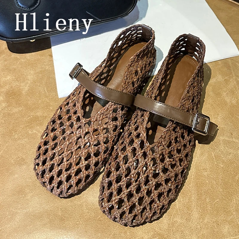 Hlieny Women’s Summer Mesh Flats – Hollow Weave Round Toe Loafers with Buckle Strap, Casual Mary Jane Mules Sandals