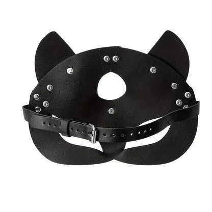 Black Cat Mask - Synthetic Leather Chain Harness Cosplay Masquerade Accessory