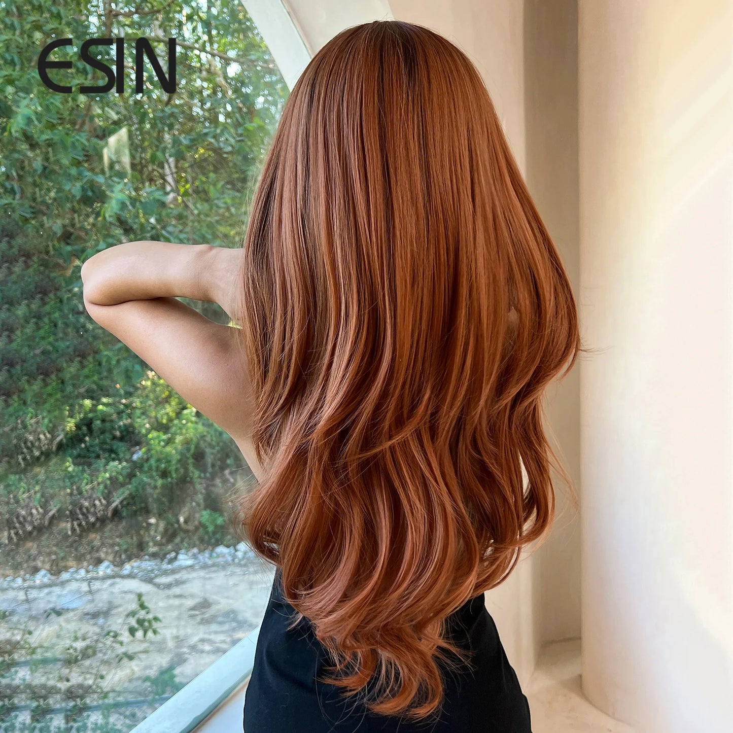 ESIN Long Synthetic Ombre Wig for Women — Elegant Red-Brown Layered Hair with Dark Roots, Heat-Resistant for Daily, Party & Cosplay