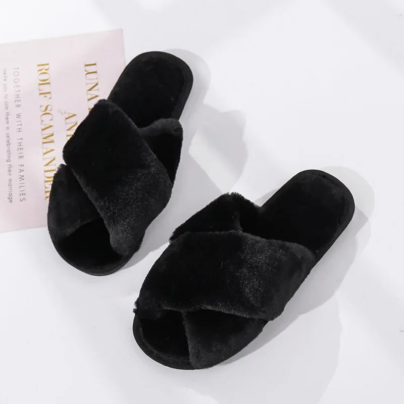Winter Women’s House Slippers – Faux Fur Slip-On Flats, Cozy Warm Home Slides in Black & Pink