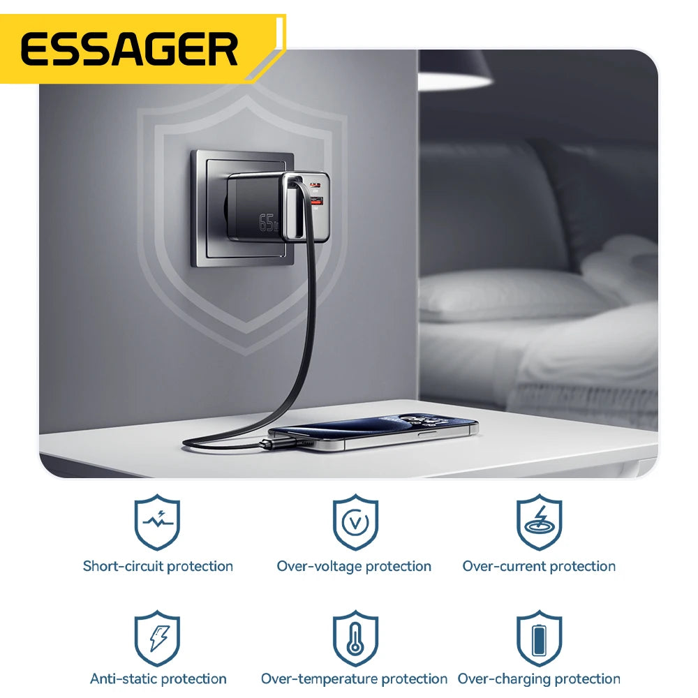 Essager 65W GaN Fast Charger – Retractable USB-C Cable PD Charging Adapter for Laptops, MacBook, iPhone 16/15/14, and Xiaomi Devices