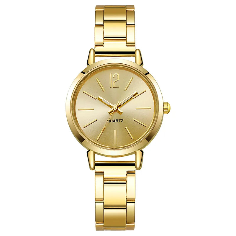 2PCS Set Luxury Women's Watches – Simple Dial, Hollow Strap Gold Bracelet Quartz Wristwatch for Students & Ladies