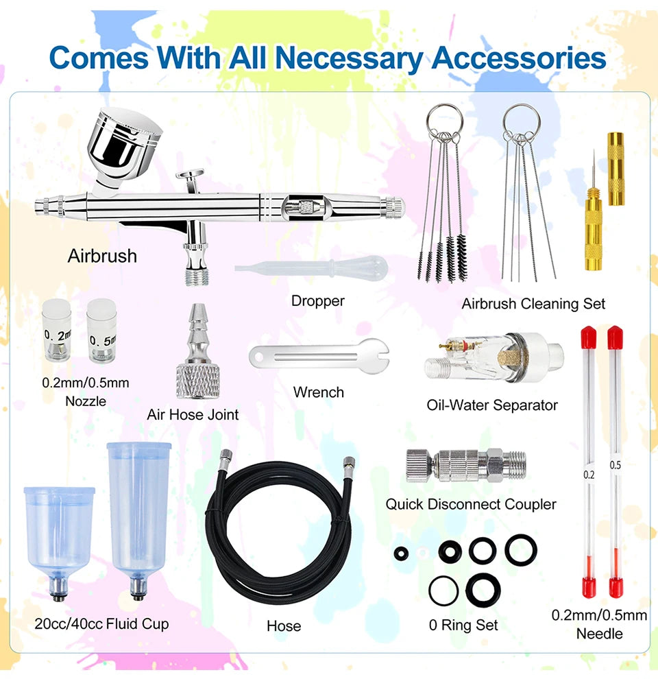 Dual-Action Gravity Airbrush Kit with 0.2/0.3/0.5mm Needles, 7/20/40cc Cups & Cleaning Tools for Makeup, Nail Art, Painting & Car Detailing