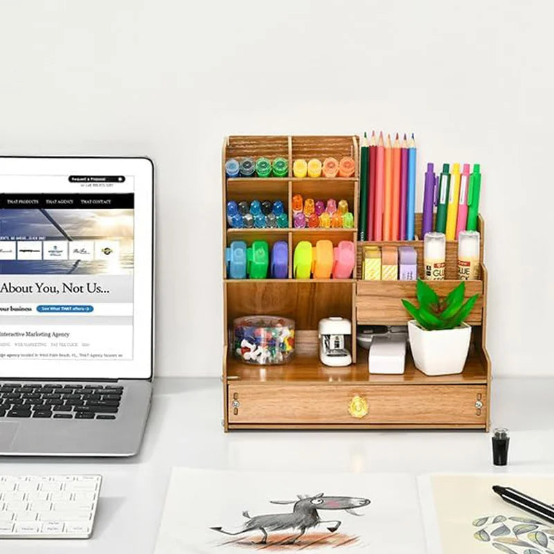 Wooden Desk Organizer – Large Capacity DIY Desktop Pen Holder with Drawer for Home, Office, and School Stationery Storage
