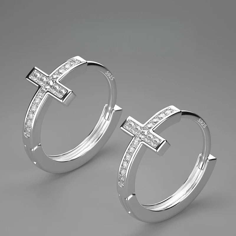 PANJBJ925 Sterling Silver Hoop Earrings - Frosted Geometric Design Fashion Jewelry Gift for Women