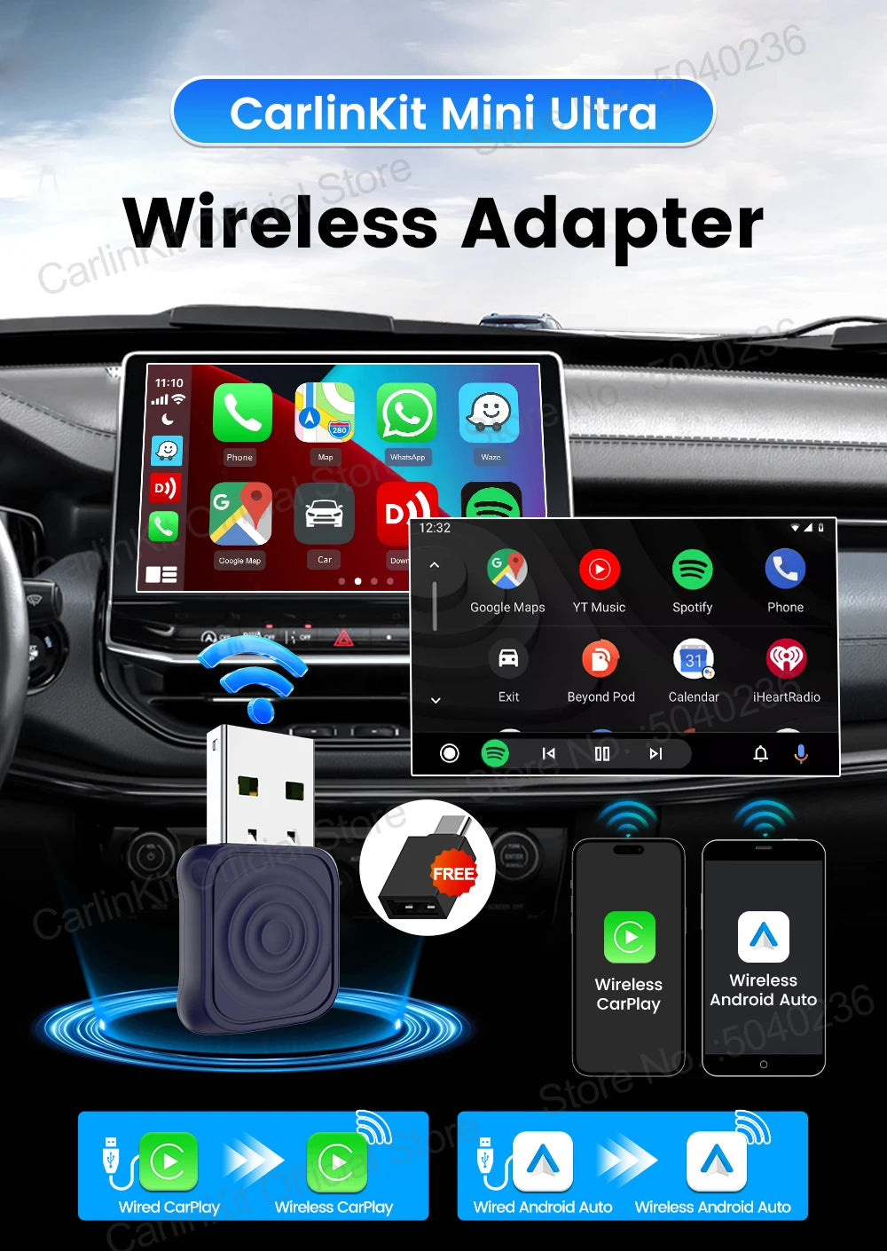 CarlinKit 5.0 Mini Wireless CarPlay & Android Auto Adapter – Plug & Play WiFi Bluetooth for OEM Cars