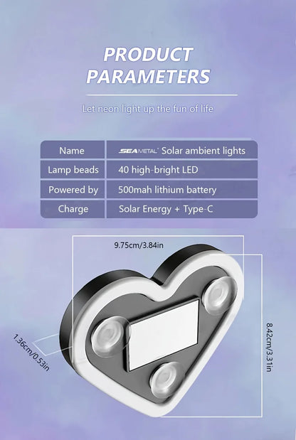 Solar-Powered LED Car Window Neon Lights — Heart-Shaped RGB-Free Color-Changing Interior Atmosphere Light
