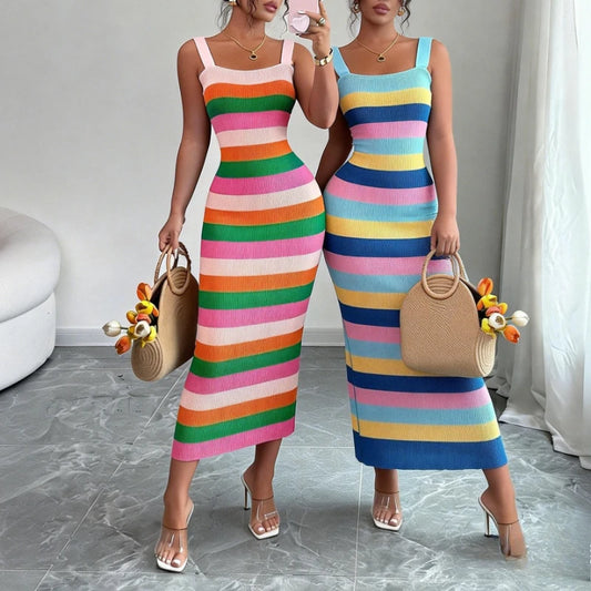 Women’s Rainbow Striped Bodycon Maxi Dress – Sleeveless Stretchy Knit Summer Beach Vacation Party Sundress